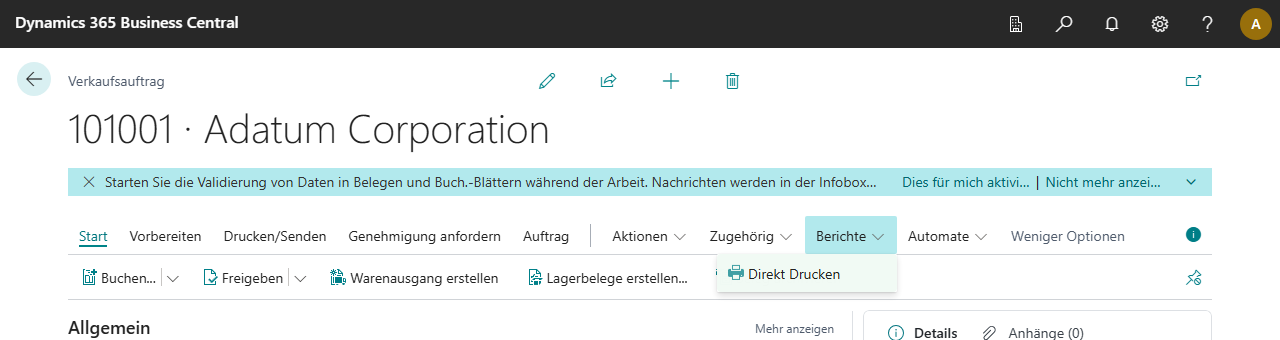 Direktdruck-Schaltfläche auf dem Verkaufsauftrag